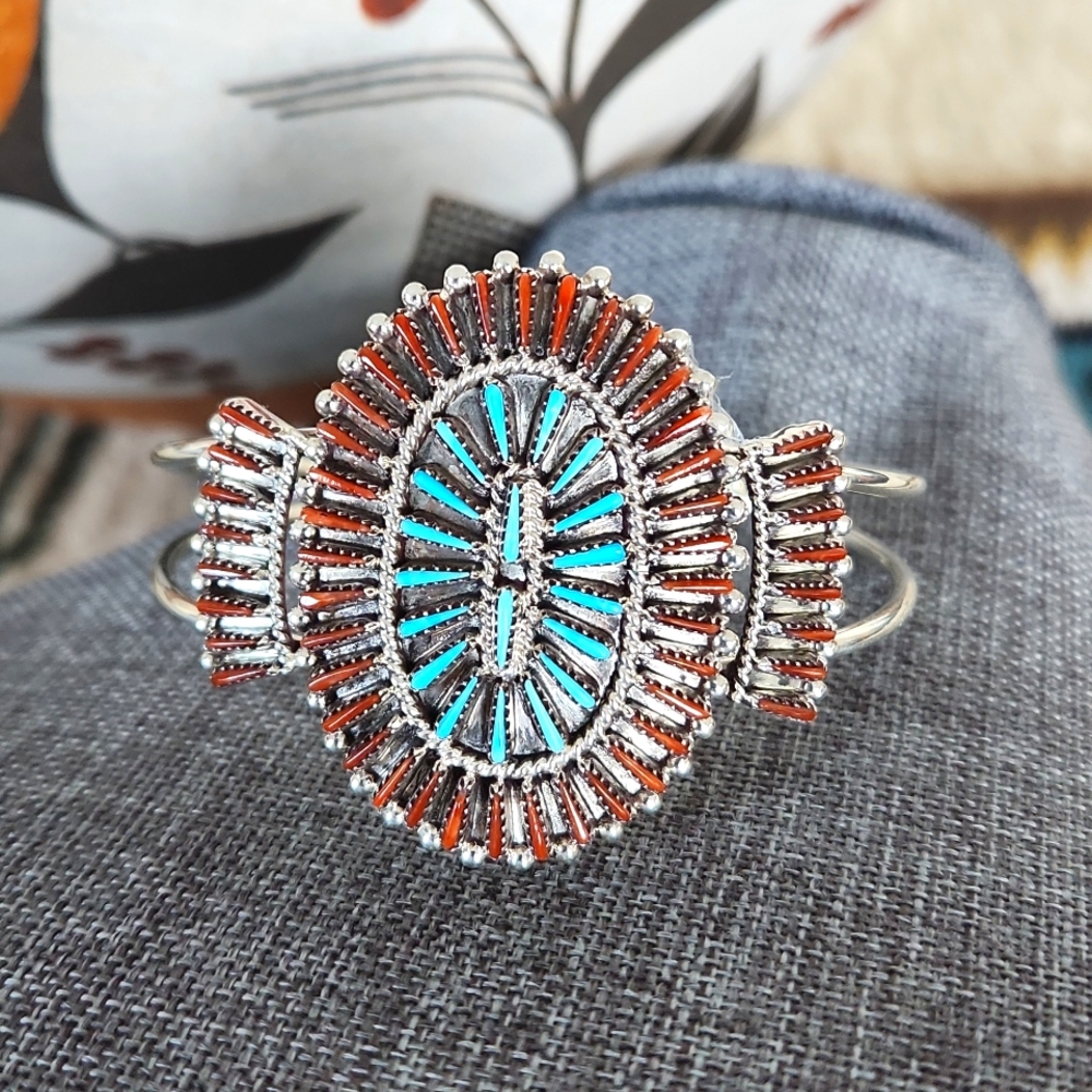 Fantastic Native American Zuni Petit Point Turquoise & Coral Bracelet ❤️🩵